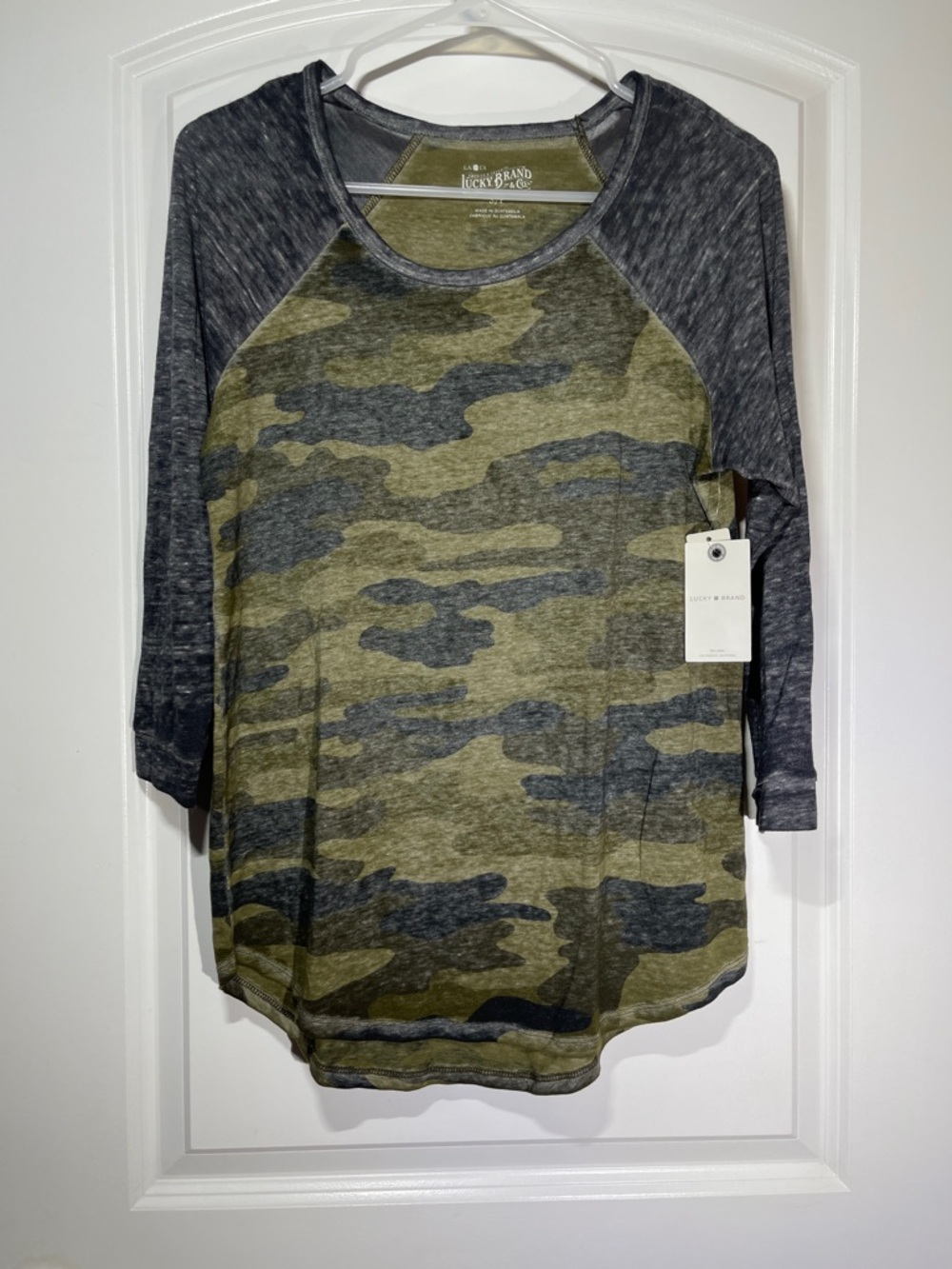 Lucky Brand Olive Green and Charcoal Camo Raglan Top